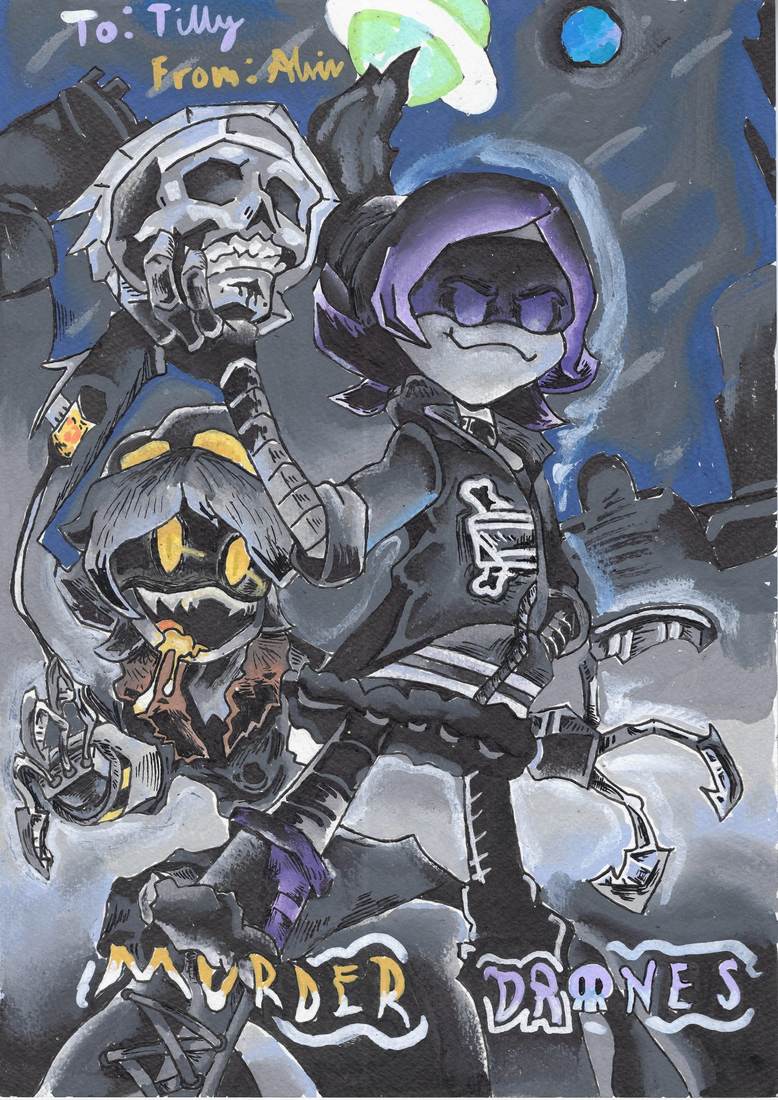 Alvin 画给 Tilly 的 Murder Drones 生日卡