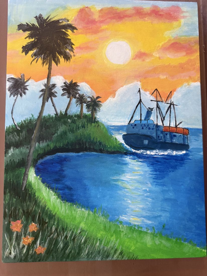Alvin's tropical sunset ship painting